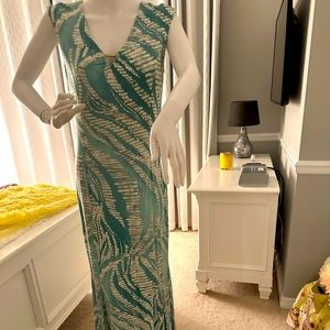 TOMMY BAHAMA SEA FOAM GREEN & WHITE FULL LENGTH DRESS SIZE MEDIUM